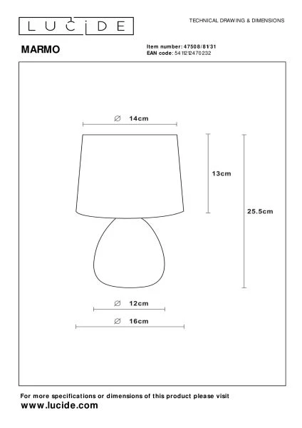 Lucide MARMO - Table lamp - Ø 16 cm - 1xE14 - White - technical